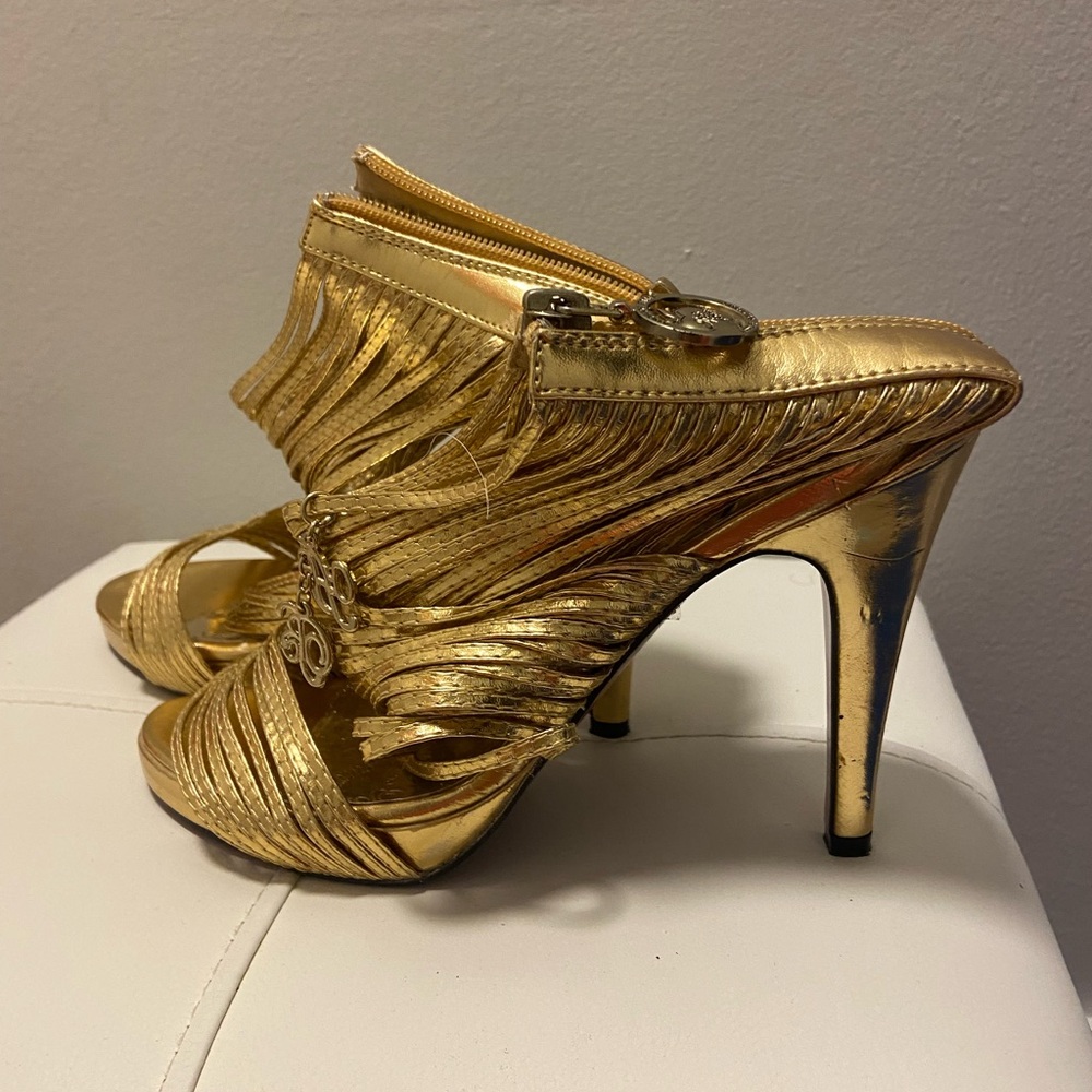 Apple Bottoms Gold Stiletto Heels with Dramatic Draping